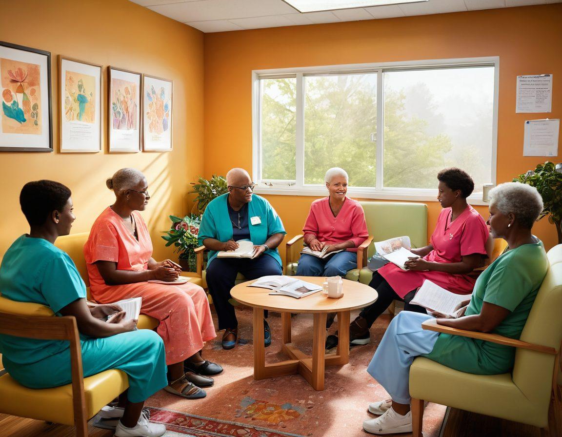 A compassionate scene depicting diverse cancer patients in a supportive group setting, surrounded by informative educational materials and resources. Illuminate the space with warm, uplifting colors, symbolizing hope and empowerment. Include a knowledgeable advocate explaining treatment options, emphasizing connection and resilience. Artistic elements that convey a sense of journey and support. vibrant colors. super-realistic.