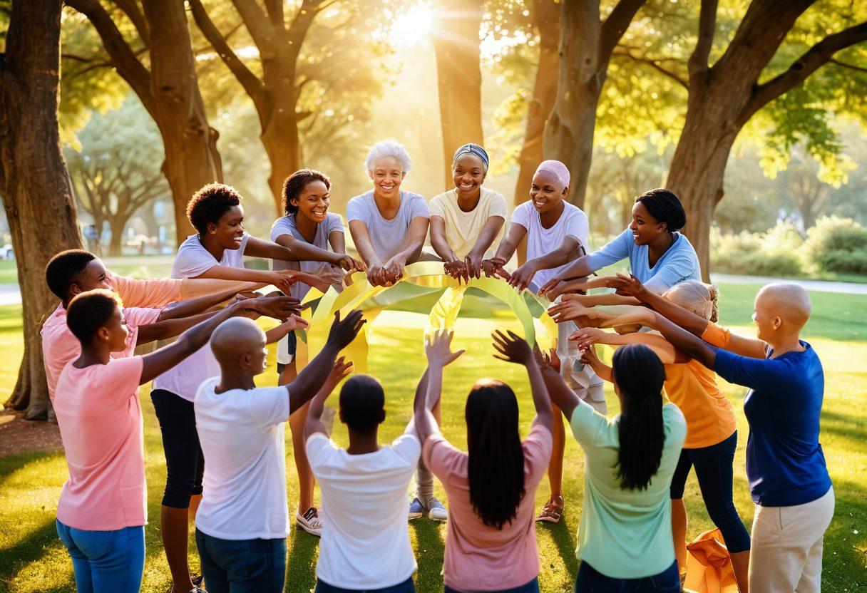 A diverse group of people gathered in a circle, sharing stories and supporting each other, with a backdrop of a beautiful park symbolizing growth and hope. Include ribbons symbolizing cancer awareness interwoven in their hands and a soft golden sunlight filtering through the trees, creating a warm and inviting atmosphere. super-realistic. vibrant colors. warm background.